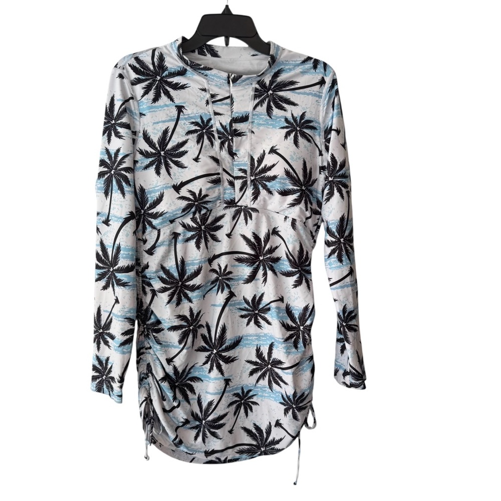 Hiskywin UV‎ Protection Black & Blue Palm Tree Print Runched Midi Dress